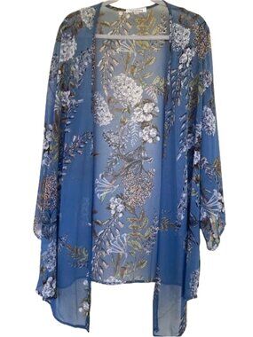 Flying Daisy Floral Sheer Kimono Top Jacket in Slate Blue with Flowy Sleeves